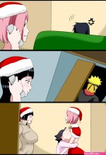 haruno sakura hyuuga hinata uchiha sasuke uzumaki himawari uzumaki naruto naruto naruto series absurdres artist request highres 1boy 3girls black hair blonde hair breasts christmas comic multiple girls nipples pink hair text