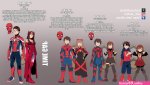 ducklordethan peter parker scarlet witch spider-man avengers series boku no hero academia marvel spider-man series 1boy 1girl aged down aged up bodysuit boots breasts brown hair capelet character profile character sheet cleavage