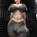 Fit 3D Futanari Female Brigitte wearing Compression Shorts with a Dick Squeezing Out