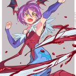 futa yuri ryona lilith darkstalkers darkstalkers highres 1girl animal print armpits bat print blood blue pantyhose blush stickers breasts character name clothing cutout dated head wings heart cutout leotard low wings pantyhose