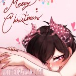 panqlao pan panqlao original 1girl :q blush brown hair from side heart heart-shaped pupils horns looking at viewer merry christmas nail polish patreon username pillow pink eyes red nails short hair solo