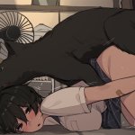 pepper0 original character request 1boy 1girl animal arm at side bandaid bandaid on arm bestiality black eyes black fur black hair blush book book stack bookshelf bottomless box breast pocket breast press