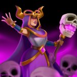tubbiegordito witch clash of clans clash royale highres 1girl artist name cape dress holding holding staff looking at viewer magic purple cape purple dress purple eyes purple hood skull solo staff witch