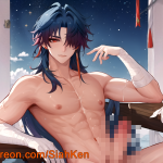 blade honkai: star rail honkai: star rail honkai series ai-generated 1boy abs erection long hair male focus nude retracted foreskin scar siahken sitting solo focus
