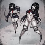 ayakakashi silent hill series silent hill f absurdres highres 2girls black eyes black hair black serafuku breasts denva9 doll joints holding holding weapon joints long hair looking at viewer multiple girls navel