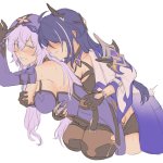 yurenn acheron honkai: star rail black swan honkai: star rail honkai: star rail honkai series commentary hashtag-only commentary highres 2girls black gloves black shorts blush breasts clenched teeth coat cropped legs detached
