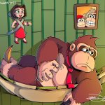 diegoandsmtz diddy kong donkey kong pauline mario pauline young mario donkey kong series donkey kong bananza nintendo highres 1boy 1girl banana brown fur brown hair controller duct tape food fruit gorilla holding