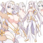 shiseki hirame britomart fate britomart second ascension fate fategrand order fate series 1girl arm guards bare shoulders blue eyes blush breasts capelet center opening cleavage double bun dress elbow gloves full body