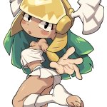 oyatsu mk2 olympia rayman rayman series rayman legends toeless footwear absurdres highres 1girl barefoot black eyes blush stickers crop top dark-skinned female dark skin feet fewer digits gold helmet green hair helm