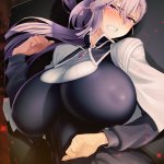 koma440 emilia ludowell maou gakuin no futekigousha light purple hair commentary request highres 1girl alternate breast size larger angry blush breasts clenched hands clenched teeth collared shirt couch covered erect nipples from