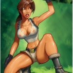 NSFW ecchi oppai hentai gaming porn art of Tomb Raider Lara Croft showing off big tits in game illustration.