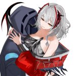 mikuning doctor arknights w arknights wis039adel arknights arknights absurdres highres 1girl 1other bare shoulders black jacket breasts brown eyes grey hair hood hooded jacket horns jacket large breasts long sleeves nail...