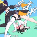 supermondobeat beelstarmon yuuki kanan digimon digimon story: time stranger highres 2girls ankle gun ass black coat black eyes black hair black panties black pants blonde hair blue background breasts butt crack coat