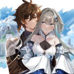 reichidad guizhong genshin impact zhongli genshin impact genshin impact absurdres highres 1boy 1girl bare shoulders blue eyes blurry blush breasts brown hair chinese hairpin cloud couple detached sleeves dress eyeliner eyeshadow...