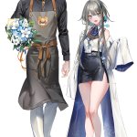 pottsness guizhong genshin impact guoba genshin impact zhongli genshin impact genshin impact black footwear absurdres highres 1boy 1girl aegyo sal alternate costume apron black hair black skirt blue eyes blue flower bouquet