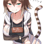 kumano plan fumino tamaki nijisanji highres translation request 1girl animal ears black shirt blush breasts brown hair brown skirt cat ears cowboy shot female focus fish hair ornament green eyes grin hair