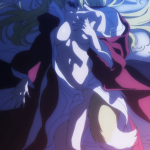 sanjouno haruhime dungeon ni deai wo motomeru no wa machigatteiru darou ka anime screenshot highres stitched third-party edit 1girl animal ears bare shoulders bed sheet blonde hair breasts cleavage collar collarbone dot
