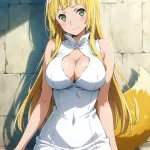Green Eyes Yellow Foxy Tail Sanjouno Haruhime From Danmachi With Yellow Foxy Ear Hentai AI Porn