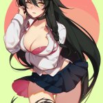velvet crowe tales of series tales of berseria absurdres highres 1girl alternate costume black hair blouse breasts cleavage female focus large breasts shirt skirt solo yellow eyes