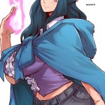 aosora2823 ein one piece one piece one piece film: z commentary highres 1girl artist name black shorts blue hair blue jacket blush breasts closed mouth frilled shirt frills hand up hood hooded