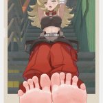 misaki yuri piper wheel zenless zone zero absurdres highres 1girl barefoot blonde hair feet foot focus green eyes light blush long hair looking at viewer one eye closed open mouth soles stretching