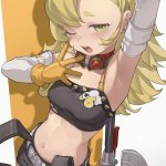 midori fufu piper wheel zenless zone zero absurdres commentary highres 1girl arm up armpits asymmetrical bangs bare shoulders belt black shorts blonde hair breasts character name copyright name cowboy shot detached sleeves