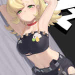 oruka kamituki0827 piper wheel zenless zone zero commentary request highres 1girl armpits arms behind head arms up bags under eyes belt black background black bra black pants blonde hair bra breasts choker