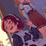 princehan aisha greyrat leo mushoku tensei norn greyrat rudeus greyrat mushoku tensei uniform absurdres highres ahoge apron black dress blonde hair dog door dress green eyes indoors jacket maid pantyhose ponytail red