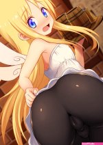 hijikawa arashi crimvael ishuzoku reviewers absurdres highres 1futa ass bike shorts black shorts blonde hair blue eyes broken halo bulge cameltoe cleft of venus dress from behind futanari halo long hair looking