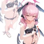 hoshi umi koharu blue archive koharu swimsuit blue archive blue archive commentary request highres 1girl ankle ribbon bare arms bare legs bikini black bikini black bow black wings body markings bow closed