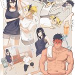tori-desu ashiro mina hibino kafka ichikawa reno shinomiya kikoru kaijuu no. 8 absurdres highres 2boys 2girls abs bara belly grab black hair black tank top blank eyes breasts chibi chibi inset deformed