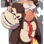 combos amp doodles donkey kong pauline mario donkey kong 1981 game donkey kong series mario series nintendo absurdres highres 1girl areola slip blue eyes breasts brown hair cosplay crop top donkey kong