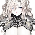 watosu kriemhild fate kriemhild third ascension fate fategrand order fate series absurdres highres 1girl armor blue eyes blush breasts cleavage gauntlets large breasts long hair looking at viewer open mouth pauldrons ponytail