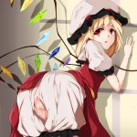 mu yan flandre scarlet touhou absurdres bad id bad pixiv id highres 1girl against wall anus barefoot bent over blonde hair bloomers crotchless crotchless bloomers female focus hat indoors looking at viewer